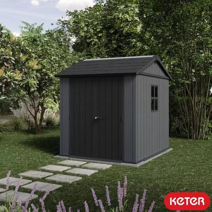 Keter Newton Plus Vertical 7x7.5 ft Apex Grey Plastic 2 door Shed with floor & 2 windows (Base included) - Image 2