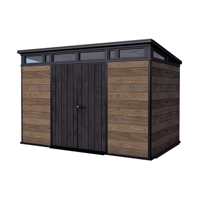 Keter Signature 7x11 ft Pent Walnut Plastic 2 door Shed with floor & 8 windows - Image 13